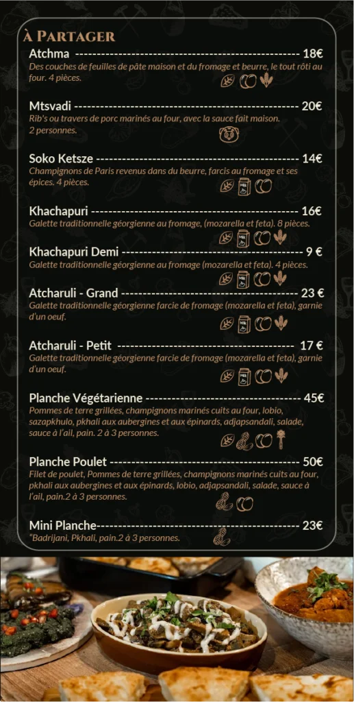 le menu géorgien de notre restaurant avec les différentes entrées et planches à partager- pkhali - ospi - mjauna