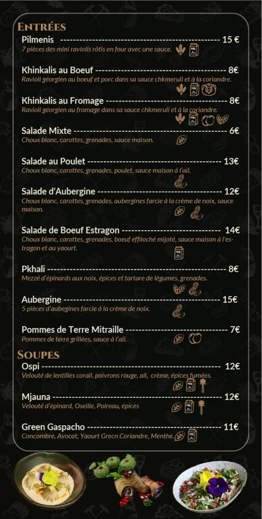 le menu géorgien de notre restaurant avec les différentes entrées et planches à partager- pkhali - ospi - mjauna