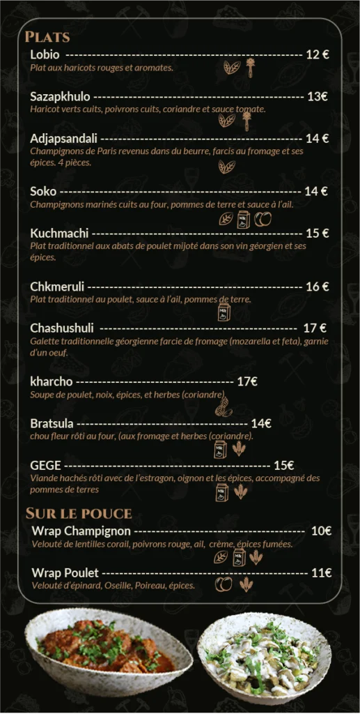 la carte du menu géorgien avec nos différents plats traditionnel chez magda