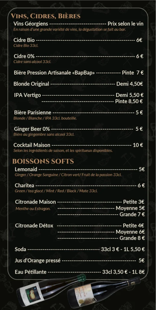 Carte du menu des boissons fait maison soft et alcoolisées avec du vin géorgien